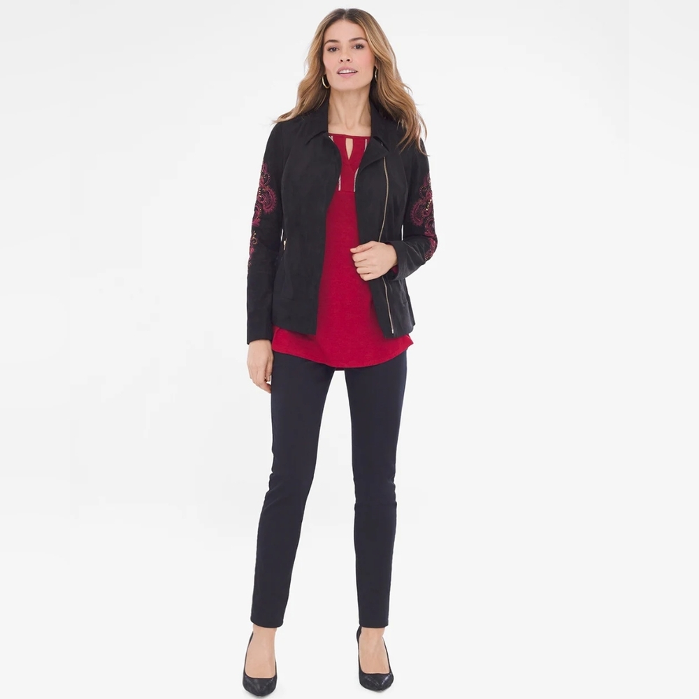 Chicos Sueded Embroidered-Sleeve Moto Jacket
